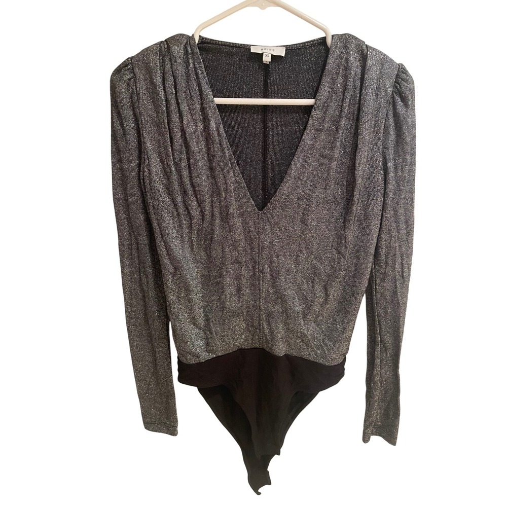 Reiss Womens Metallic Silver Knit V-Neck Long Sleeve Bodysuit XS Pleat Shoulder